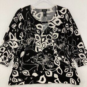 New‎ R.Q.T sz 1X Black White Leaf Print Abstract Sequins Beaded Knit Stretch Top